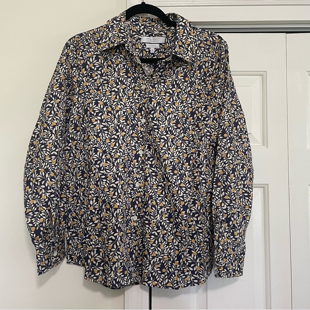 Foxcroft Navy Floral Button-Down Shirt with Cream & Mustard Leaves